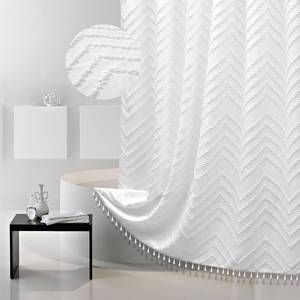 lot 81151 image: Boho Shower Curtain with Tassel Woven Fabric White Shower Curtain, Extra Long, 72 x 78, Modern Chic Textured Tufted Chevron Striped Minimalist Bathroom Shower Curtain