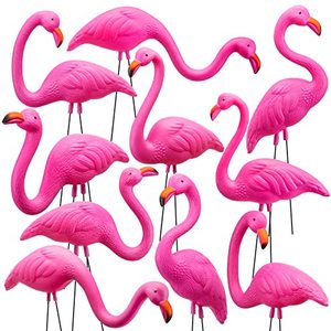 lot 81170 image: JOYIN 10 Pack Small Yard Flamingos Ornament Stakes, Mini Pink Flamingo Yard Decorations, Mini Lawn Plastic Flamingo Statue with Rubber Coating Metal Legs for Outdoor, Garden, Luau Party Gift (3-10IN)