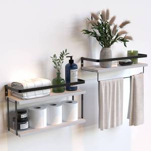 lot 81197 image: RICHER HOUSE 21 Tier Wall Mounted Floating Shelves Set of 2, Rustic Wood Wall Shelf with Metal Frame, Extra Storage Rack for Bathroom, Kitchen, Bedroom with Tissue Rack & Towel Bar - White