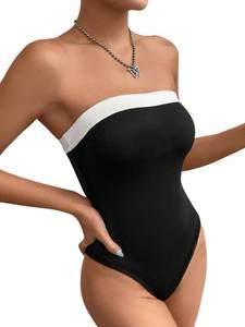 lot 81202 image: Milumia Womens Color Block Strapless Tube Top One Piece Bodysuit Black and White X-Small