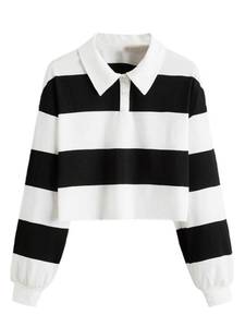 lot 81204 image: SweatyRocks Womens Long Sleeve T-Shirt Button Front Striped Polo Shirt Black White XS
