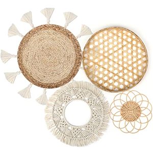 lot 81208 image: Set of 4 Boho Wall Basket Decor Wall Hanging Rattan Macrame Decor Flat Round Wicker Woven Macrame Tassels Tapestry Bamboo Wall Basket Handmade Serving Tray Art for Room Bedroom Living Room