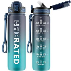 lot 81214 image: QLUR Water Bottle with Straw, 32 oz Motivational Water Bottles with Time Marker to Drink, Tritan BPA Free, 1L Sports Water Bottle with Carry Strap LeakProof for Women Men Gym Fitness Outdoor