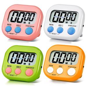 lot 81234 image: Timers 4 Pack Digital Kitchen Timer Magnetic Digital Timer with Big Display Loud Ring Cooking Timers for Kitchen Electronic Timer for Classroom, Game, Gym, Break Time (Pink,Green,Orange,White, 4)