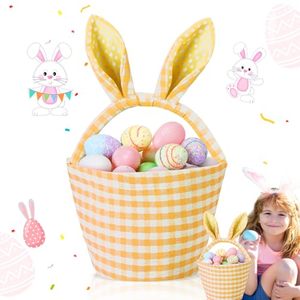 lot 81238 image: DoubleFill 1 Piece Easter Bunny Basket Bags for Boys Girls with Cute Rabbit Ears Plaid Bucket Storage Gifts for Easter Egg Hunts Decorations Candy Gifts Storage (Yellow)