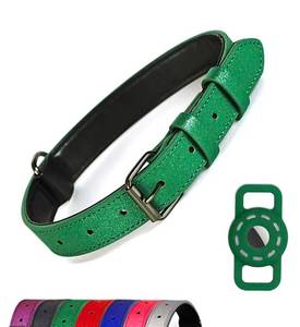 lot 81270 image: Breathable Soft Padded Leather Dog Collar with AirTag Holder,Fashionable Heavy Duty Dog Collar with Adjustable Rust-Proof Metal Buckle for Small Medium Large X-Large Dogs (L Green)