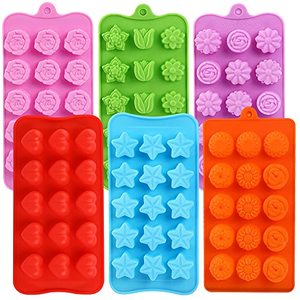 lot 81276 image: FIRETREESILVERFLOWER Flower Shape Chocolate Candy Molds Set,Heart,The stars,The rose,Flowers in Combination,15 Cavity Silicone Baking Mold Ice Cube Tray-Wedding,Festival,Parties and DIY Crafts-(6Pcs)