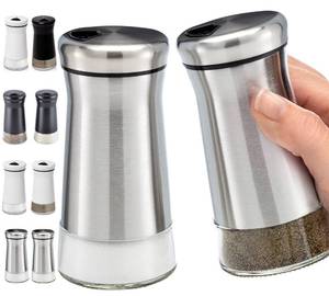 lot 81290 image: HOME EC Original Glass Salt and Pepper Shakers Set with Adjustable Pour Holes - Stainless Steel Salt Shaker and Pepper Shaker - Farmhouse Salt and Pepper Shaker Set for salts and spices