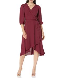 lot 81299 image: DKNY Womens Balloon Half Sleeve Faux Wrap Midi Dress, New Maroon, 14