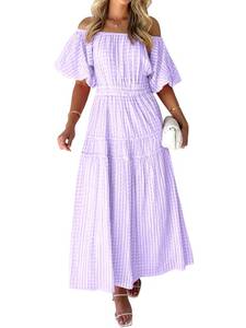 lot 81305 image: MASCOMODA Spring Dresses for Women 2024 Off Shoulder Short Puff Sleeve Maxi Dress Flowy A Line Smocked Ruffle Midi Dresses(Purple,Medium)