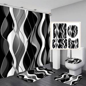 lot 81337 image: Nkzply 4 Pcs Black and White Striped Shower Curtain Set Black and Grey Bathroom Sets with Shower Curtain and Rugs Modern Home Bathroom Decor Shower Curtains with Rugs and Toilet Lid Cover