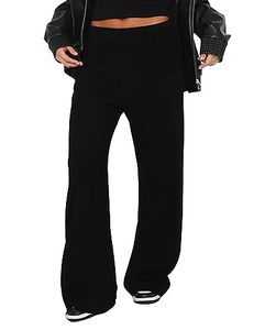 lot 82486 image: Lauweion Womens High Waisted Ribbed Pants Wide Leg Elastic Waistband Knit Lounge Trousers with Pockets Black S