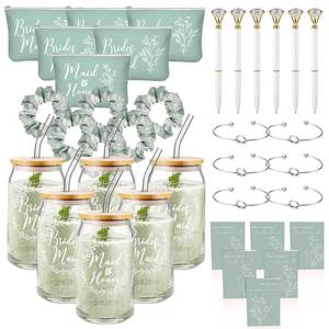 lot 82497 image: Irenare 36 Pcs Bridesmaid Proposal Gifts Bridal Shower Gifts 16 oz Glass Cup Cosmetic Makeup Bags Invited Cards Scrunchies Hair Knotted Bracelets Diamond Pens Favors for Wedding (Green)