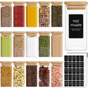 lot 82512 image: ComSaf 16Pcs Glass Spice Jars with Bamboo Lid, 10oz Airtight Square Containers with 275 Black Lables, Empty Seasoning Jars for Spice Salt Sugar