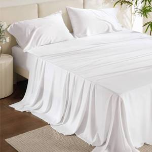 lot 82519 image: Bedsure King Size Sheet Set, Cooling Sheets King, Rayon Derived from Bamboo, Deep Pocket Up to 16, Breathable & Soft Bed Sheets, Hotel Luxury Silky Bedding Sheets & Pillowcases, White