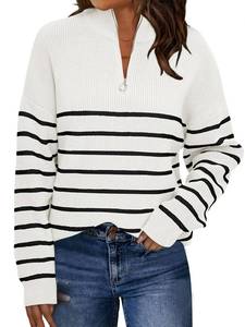 lot 82540 image: LILLUSORY Women Fall 2023 Cashmere Black White Striped Sweater Quarter Zip Pullover Cute Knit Lightweight Winter Outfit M