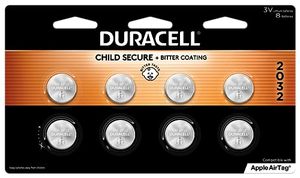 lot 82571 image: Duracell 2032 Lithium Battery. 8 Count Pack. Child Safety Features. Compatible with Apple AirTag, Key Fob, and other devices. CR2032 Battery Lithium Coin Battery. CR Lithium 3V Cell