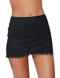 lot 82572 image: GRAPENT Womens Tassels Mid Waist Tulip Hem Shirring Swim Skirt Swimsuit Bikini Bottom Black Size L
