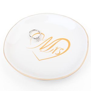 lot 82591 image: LotFancy Mrs Ring Dish Holder, Ceramic Wedding Engagement Ring Holder for Bride, Gold Trinket Dish Jewelry Dish Tray, Valentines Day Gift, Great for Her