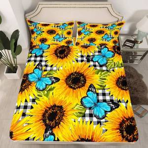 lot 82602 image: Sunflower Bedding Set Full Size For Kids Girls Women Sunflower Bed Sheets Yellow Flower Blue Butterfly Fitted Bed Sheet,Black White Plaid Pastoral Rustic Floral Bedding 2 Pillow Cases (No Top Sheet