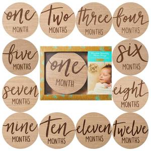 lot 82640 image: Kate & Milo Baby Monthly Milestone Marker Discs, Reversible Photo Props, Baby Growth and Pregnancy Growth Cards, 1-12 Months, Gender-Neutral Gift, Classic Cursive Script Wooden Discs
