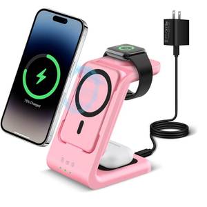 lot 82643 image: Smtcsl 3 in 1 Wireless Charging Station, Fast Charger Stand Compatible for iPhoneApple WatchAirpods, 5000mAh Mag-Safe Battery Pack USB C Power Bank for 15 14 13 12 Series, 20W PD Adapter (Pink)