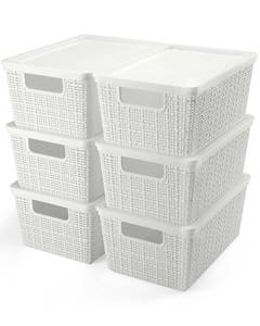lot 82663 image: EOENVIVS Plastic Storage Baskets with Lids Lidded Storage Bins Pantry Organization and Storage Containers Organizer Bins for Shelves Drawers Desktop Closet Playroom Classroom Office,White