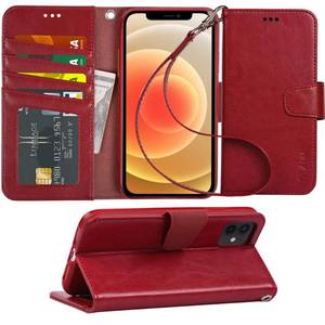 lot 82667 image: Arae Compatible with iPhone 12 Case and iPhone 12 Pro Case Wallet Flip Cover with Card Holder and Wrist Strap - Wine red