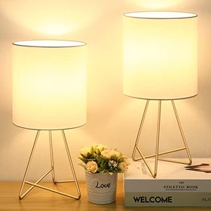 lot 82688 image: BesLowe Bedside Table Lamps Set of 2, Small Nightstand Lamp for Bedroom, Brass Metal Modern Simple Desk Lamps with White Fabric Lampshade and ONOff Switch for Kids Living Room Office Working