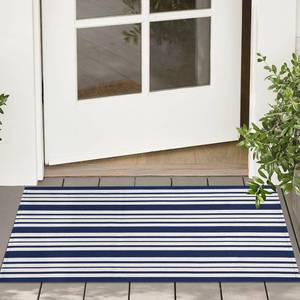 lot 82707 image: KOZYFLY Striped Outdoor Doormat 2x3 Ft Small Area Rug Navy and White Striped Front Porch Rug Washable Outdoor Rug Farmhouse Layered Front Door Mat for Front Door Entryway Patio Porch