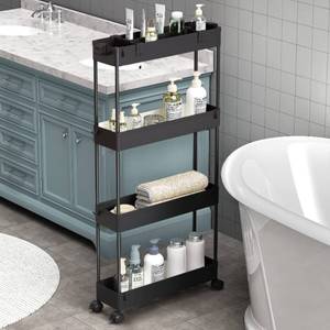 lot 82711 image: SPACELEAD Slim Storage Cart 4 Tier, Storage Organizer Rolling Utility Mobile Shelving Unit Slide Out Storage Cart for Office, Bathroom, Kitchen, Laundry Room & Narrow Places Black