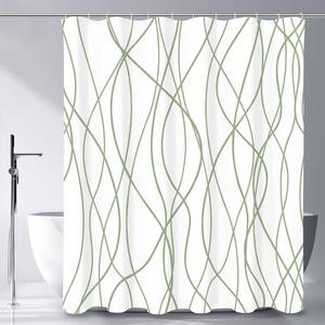 lot 82713 image: Gibelle Abstract Striped Shower Curtain, Modern Minimalist Waterproof Fabric Shower Curtain Set with Hooks 72 x 72 - White & Sage Green