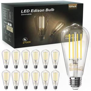 lot 82751 image: TJOY 12 Pack Vintage 8W ST58 LED Edison Light Bulbs 60W Equivalent, 800Lumens, 2700K Warm White, Dimmable, E26 Base LED Filament Bulbs, CRI80, Antique Glass Style for Home, Bedroom, Office, Farmhouse