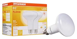 lot 82753 image: SYLVANIA LED Flood BR30 Light Bulb, 65W Equivalent Efficient 9W, 10 Year, 650 Lumens, Dimmable, 2700K, Soft White - 2 pack (73954)