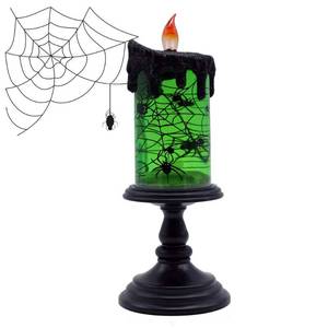 lot 82798 image: DRomance Halloween Flameless Candle Snow Globe Battery Operated with 6 Hour Timer, Green Light Spider Decal Water Tornado Lamp LED Candlestick Halloween Season Decor Gift 4 x 10 Inches