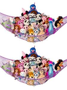 lot 82835 image: Lillys Love Stuffed Animal Net Hammock for Plushie Toys - Large 2 Pack  Corner Hanging Storage for Organizing Teddy and Stuffy Collection  Easy to Hang wIncluded Anchors & Hooks (Party Purple)
