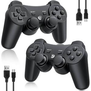 lot 82838 image: Controller 2 Pack for PS3 Wireless Controller for Sony Playstation 3, Double Shock 3, Bluetooth, Rechargeable, Motion Sensor, 360° Analog Joysticks, Remote for PS3, 2 USB Charging Cords, Black