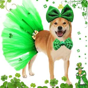 lot 82841 image: Pet St Patricks Day Costume 3Pack St. Pattys Day Dog Headband Tutu Skirt and Green Bow Tie with Shiny Shamrock, Irish Fancy Dog Clothes for Medium Large Dogs (Green Shamrock Set, Green)