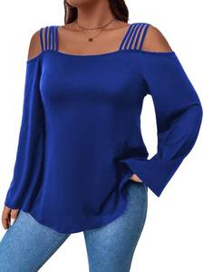 lot 82854 image: OYOANGLE Womens Plus Size Strappy Cold Shoulder Long Sleeve Solid Casual Blouse Top Royal Blue 2XL