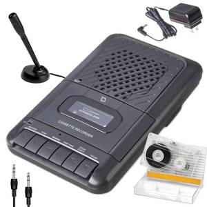lot 82867 image: Deluxe Products Portable Cassette Player Tape Recorder. Record to Cassettes via Mic or Aux in. Built-in Speaker to Listen to Cassettes. Includes External Mic, Aux in Cable and AC Adapter