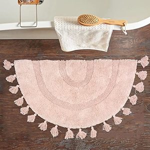 lot 82886 image: Half Circle Boho Bathroom Rugs with Tassels 100% Cotton Hand-Woven Bath Mat Non Slip Absorbent Bath Rugs with Rug Pad Washable Boho Bath Mat Carpet for Tub, Shower 20x32,Grey