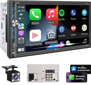 lot 4641 image: PLZ Wireless Double Din Car Stereo Apple Car Play Radio, Bluetooth 5.3, Audio Receivers, 7 Carplay Android Auto Touch Screen, 4.2 Channel Voice Outputs, 240W, Subwoofers, Backup Camera, SWC FMAM - Retail $123.74