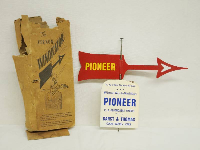 lot 7324 image: VINTAGE - Fence Post Weather Vane - PIONEER - The Vernon WINDICATOR - w original box (box is worn, see photos)