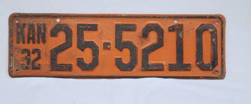 lot 7325 image: Vintage Kansas Car Plates from 1932 Front and Back Plates - KAN 25-5210 plate number COOL