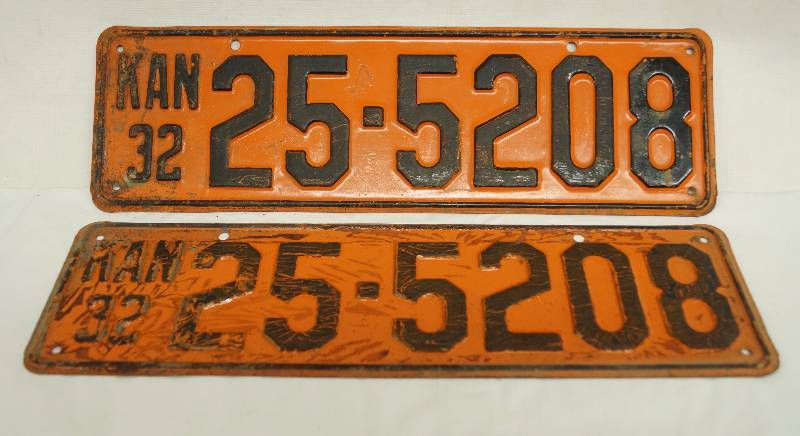 lot 7326 image: Vintage Kansas Car Plates from 1932 Front and Back Plates - KAN 25-5208 plate number COOL