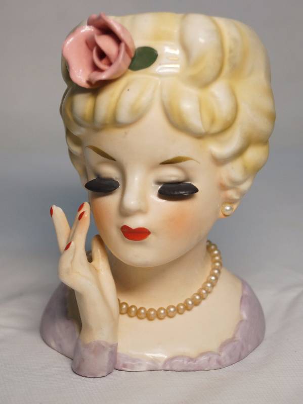 lot 7314 image: 4-12 Lady Head Vase Head Vase Lilac Dress Hair Rose Hand Up  Inarco E-193SA - See Photos w original sticker