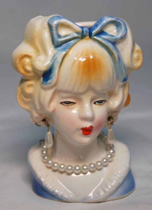 lot 7317 image: Colonial Style Lady Head Vase - No markings - Pretty earrings and necklace Blue Ribbon - small