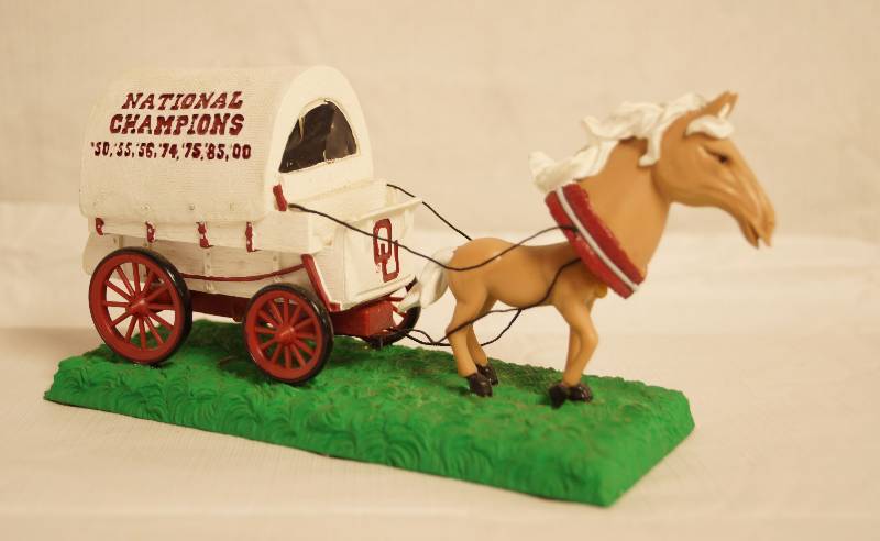 lot 2045 image: SOONER SCHOONER - OU - Bobble Head Horse and Covered Wagon - National Champs Oklahoma University - New w Box