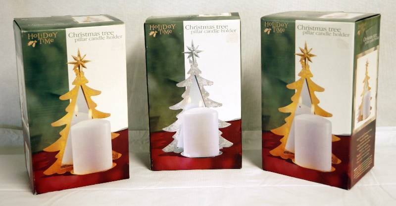 lot 2292 image: Lot of 3 Christmas Pillar Candle holders - Christmas Tree - w boxes See photos (candles not included)
