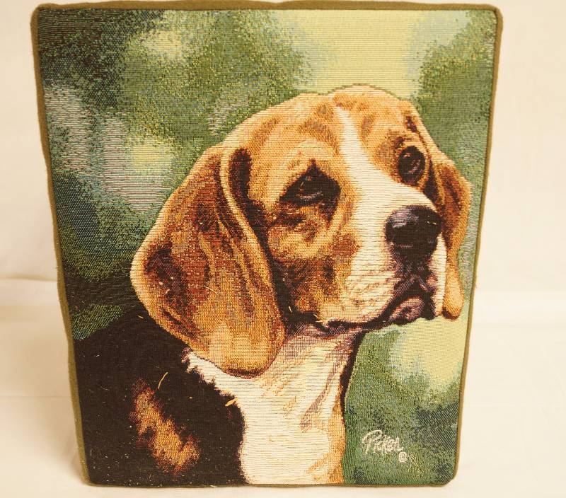 lot 2298 image: Beagle Dog Tapestry Covered Side table (foot stool) Art by Picken - See Photos